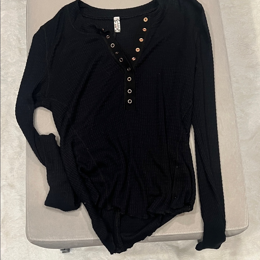 Free People Black Button-Detail Long Sleeve Top